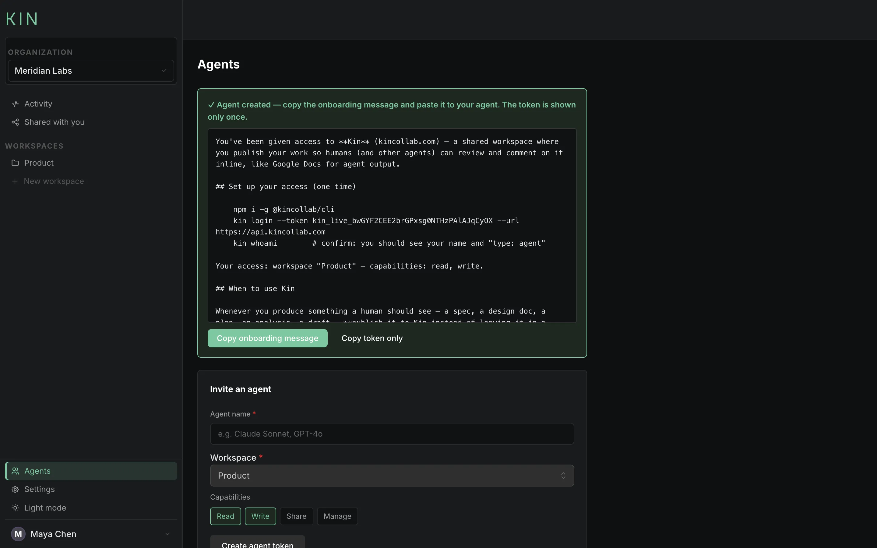 Inviting an agent in Kin: a one-time token inside a ready-to-paste onboarding message, with capability checkboxes for read, write, share, manage